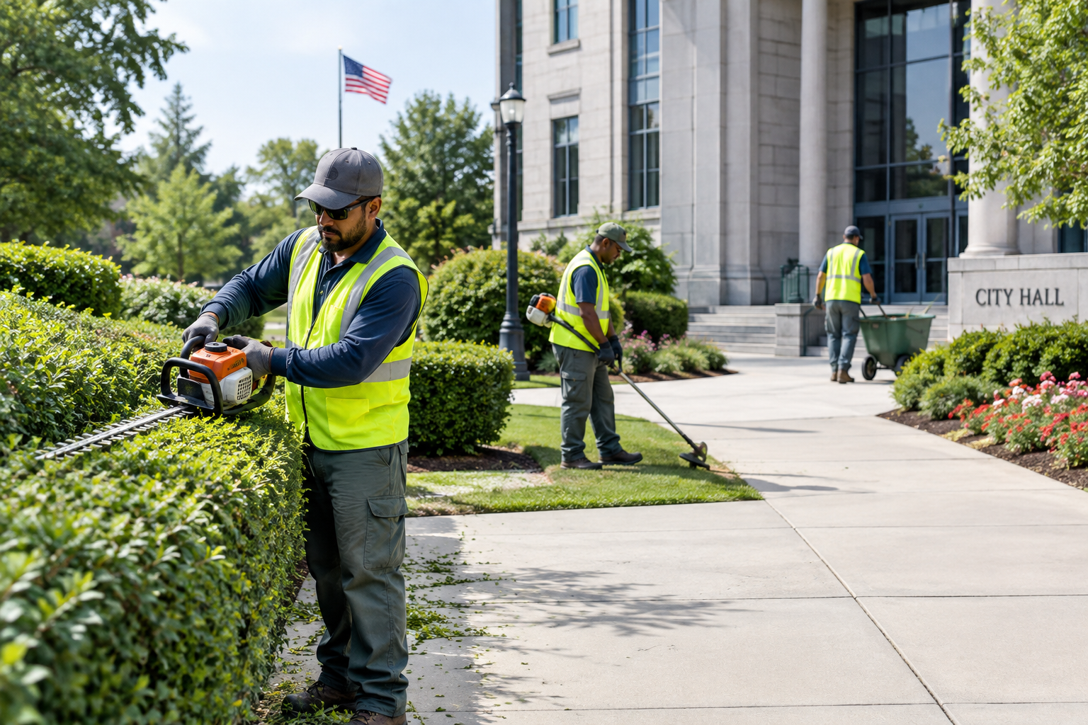 Landscaping crew trimming hedges and maintaining walkways around a civic administration property