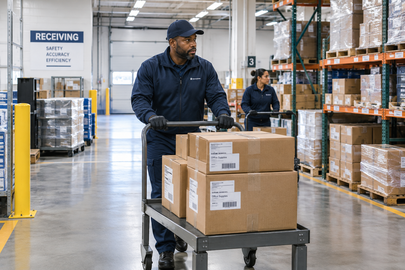 Logistics personnel moving labeled boxed supplies with carts through a municipal receiving and storage area