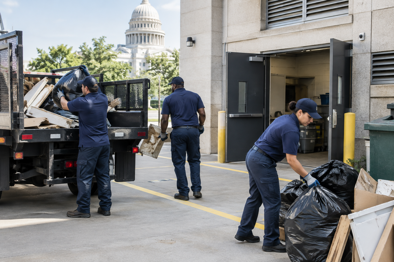 Professional crew performing non-hazardous debris removal near a government facility service entrance