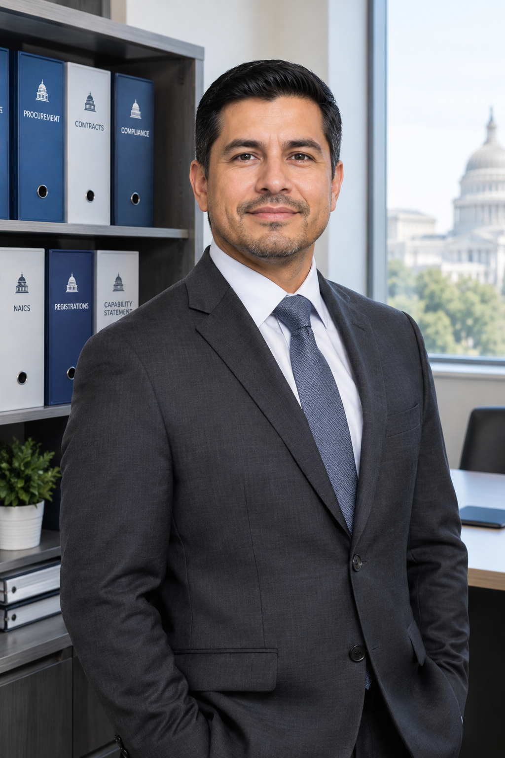 Portrait of compliance manager wearing a charcoal suit with procurement files in the background