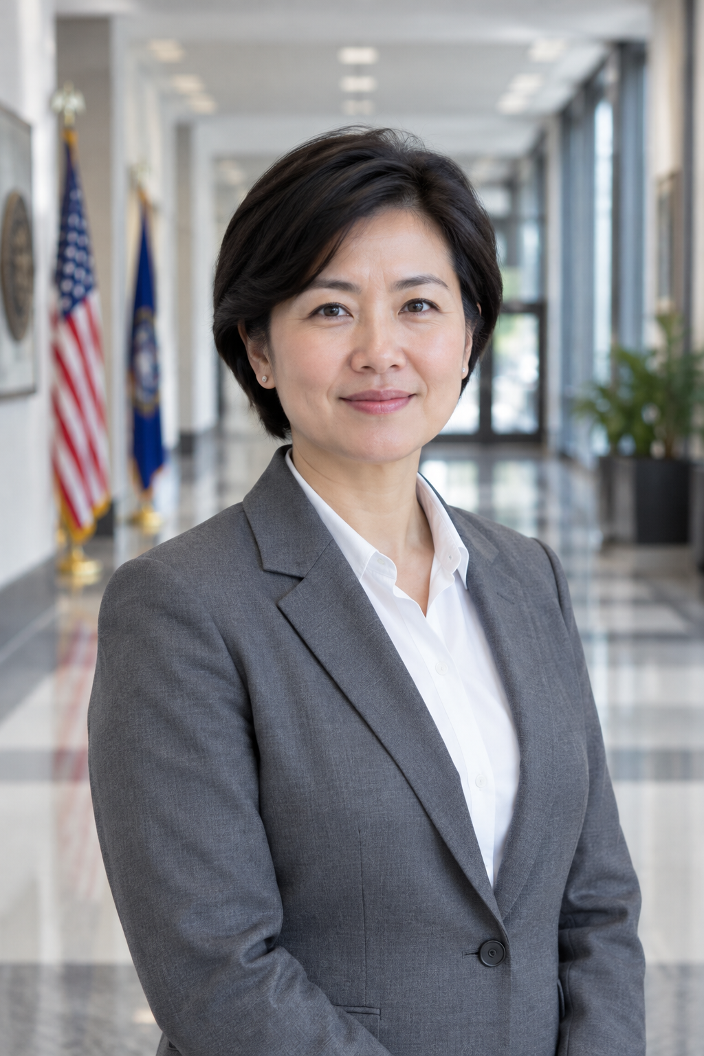 Portrait of facilities support supervisor in a gray blazer and white shirt at a municipal building interior
