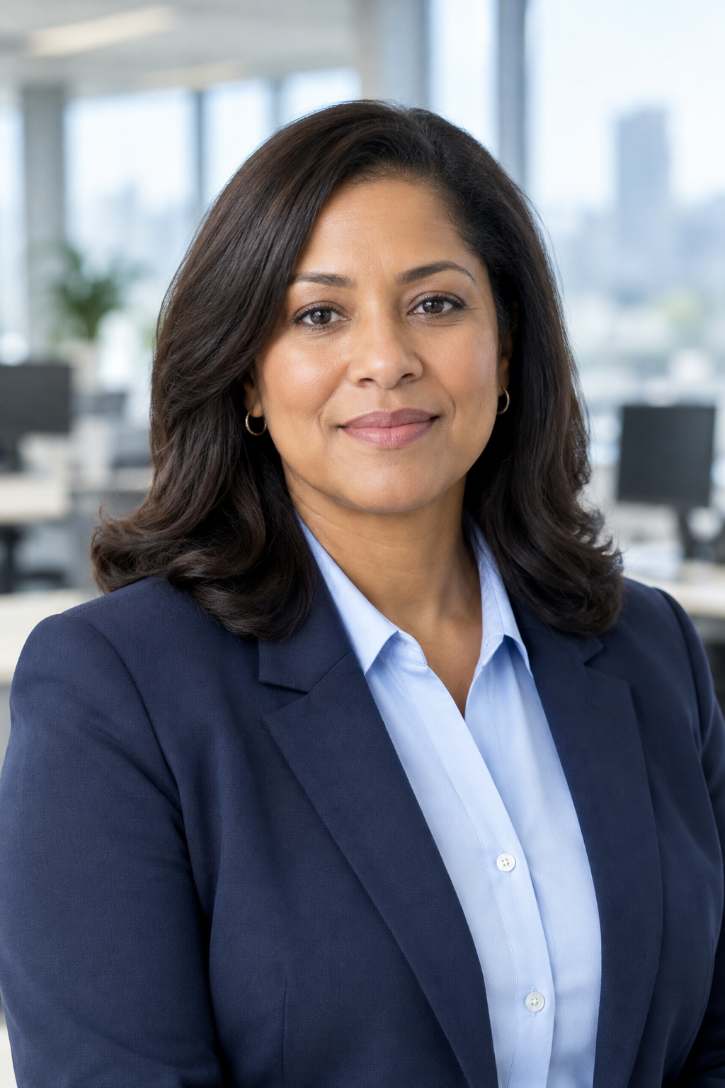 Portrait of operations director in a navy blazer and light blue shirt in an office setting