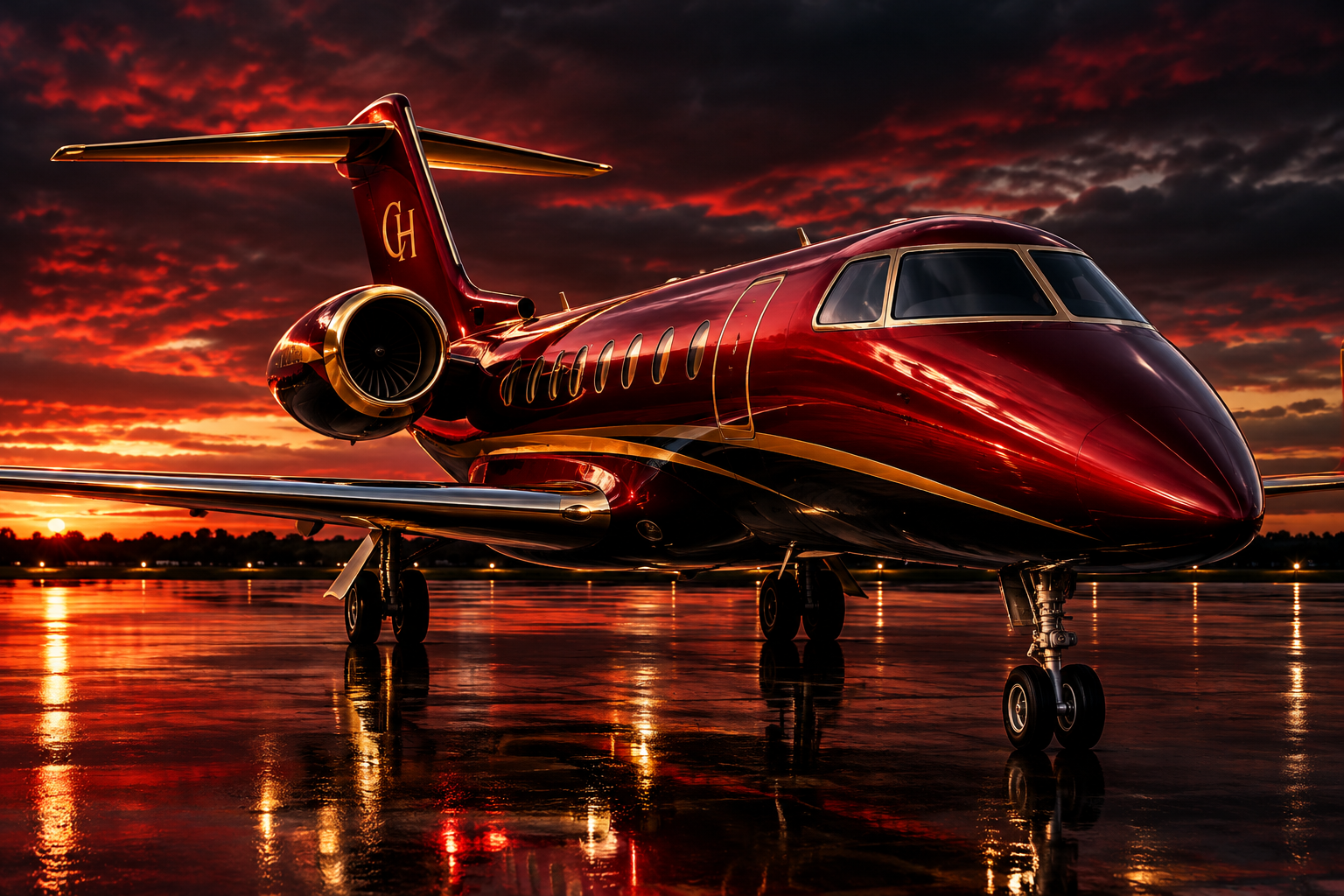 Cinematic aspirational brand artwork of a glossy cherry-red and metallic-gold private jet on a dramatic dark runway scene, with a CH logo mark on the tail and reflective premium lighting, presented as visual storytelling only
