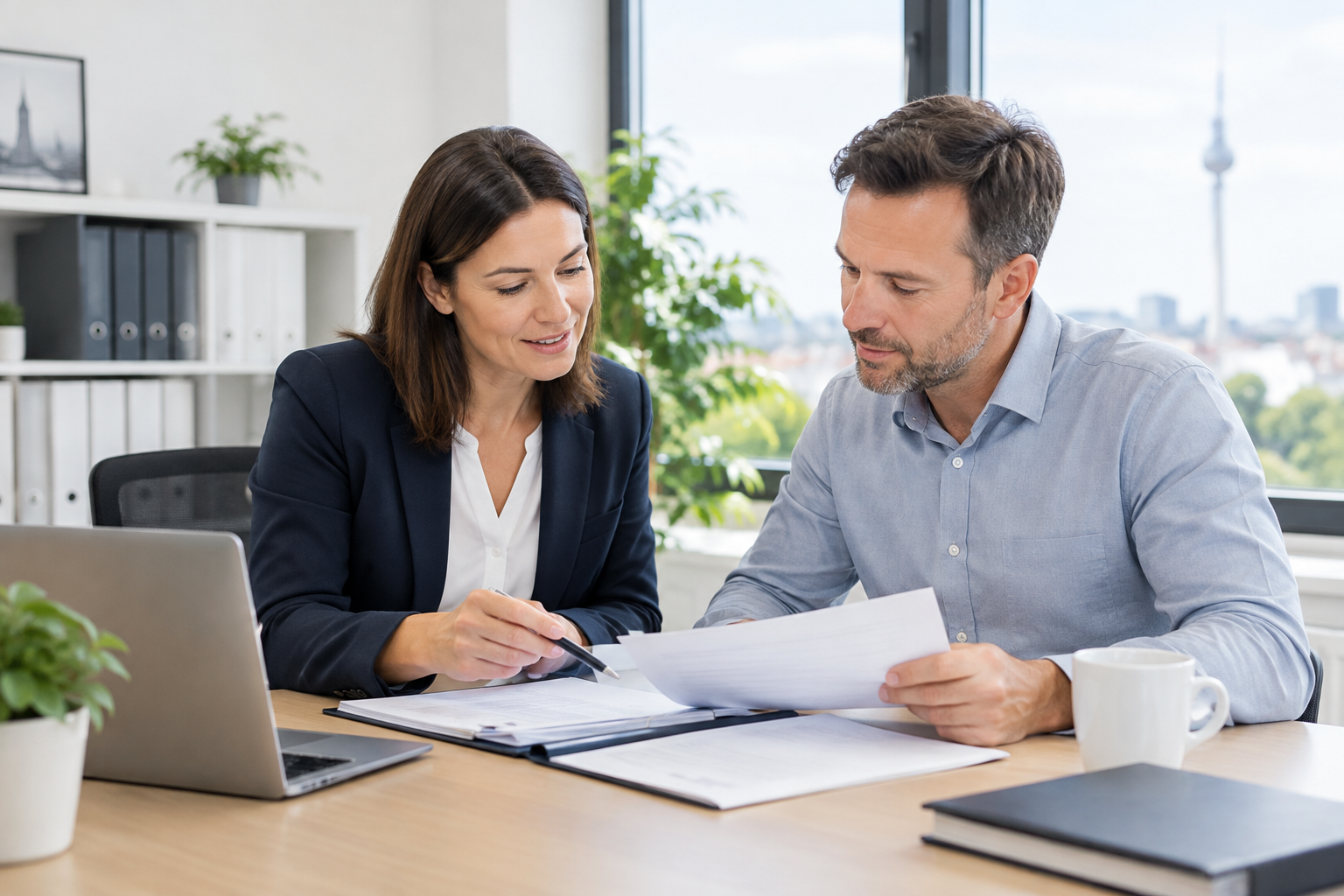 Professionelle Beratungskraft in einem modernen Büro in Deutschland, die gemeinsam mit einem Kunden Unterlagen am Schreibtisch durchgeht, bei ruhigem Tageslicht und geordnetem Arbeitsplatz
