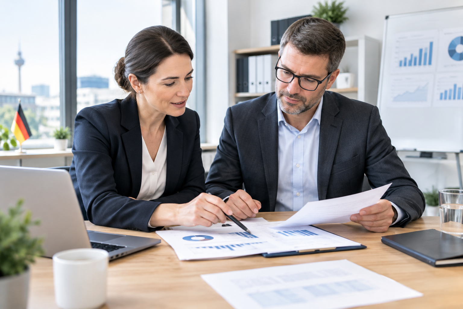 Professionelle Beraterin und Geschäftskunde prüfen Dokumente und KPI-Diagramme an einem modernen Büroschreibtisch in Deutschland