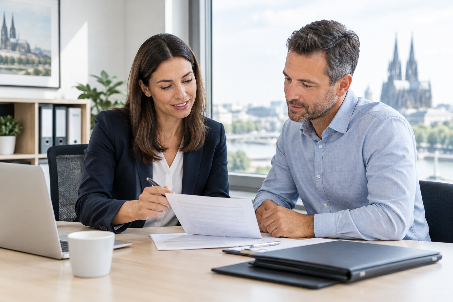 Calm professional consultation scene with a consultant and client reviewing administrative documents at a bright desk