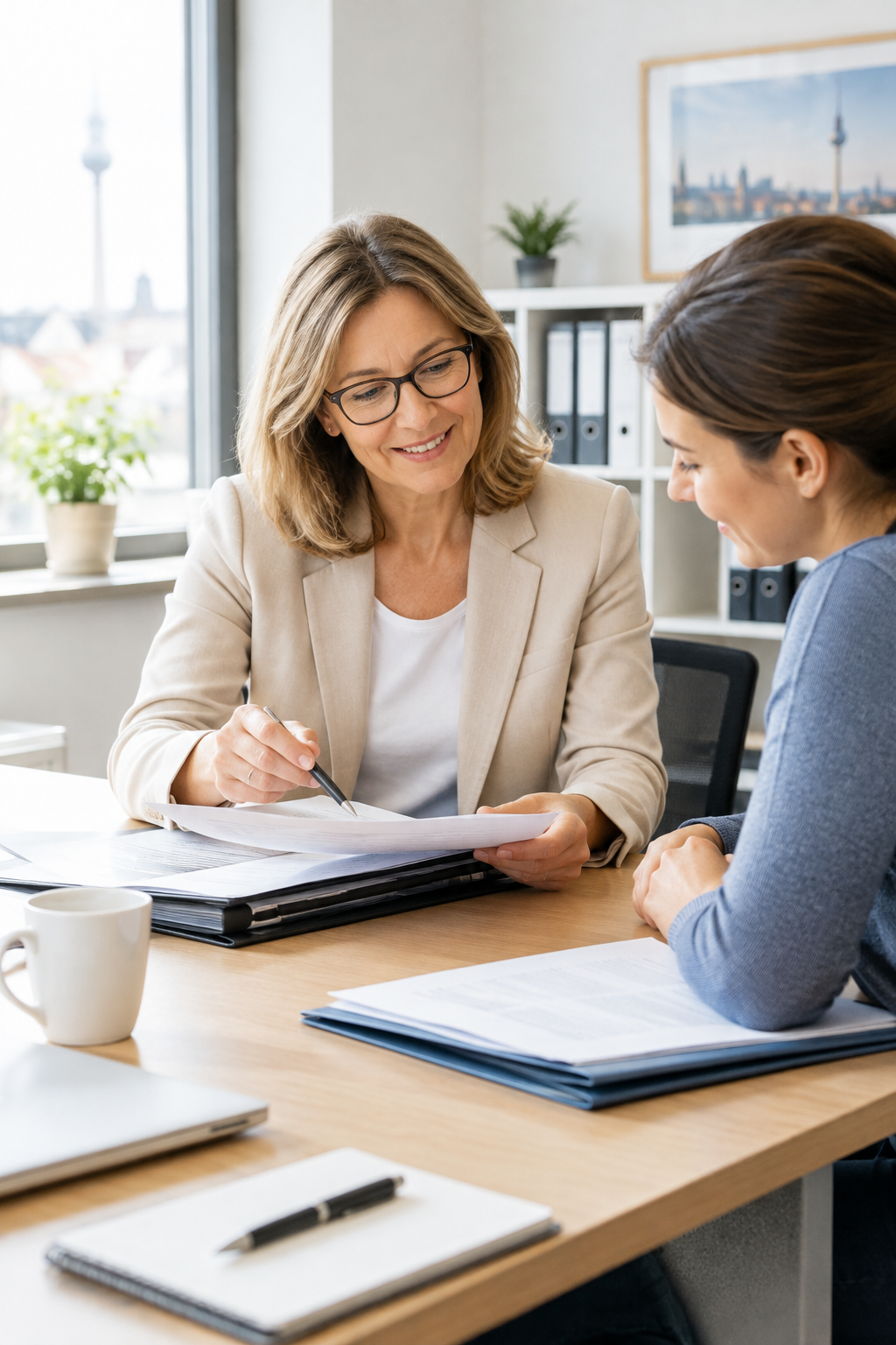 Friendly consultant reviewing paperwork with a private client at a tidy desk in a bright German office