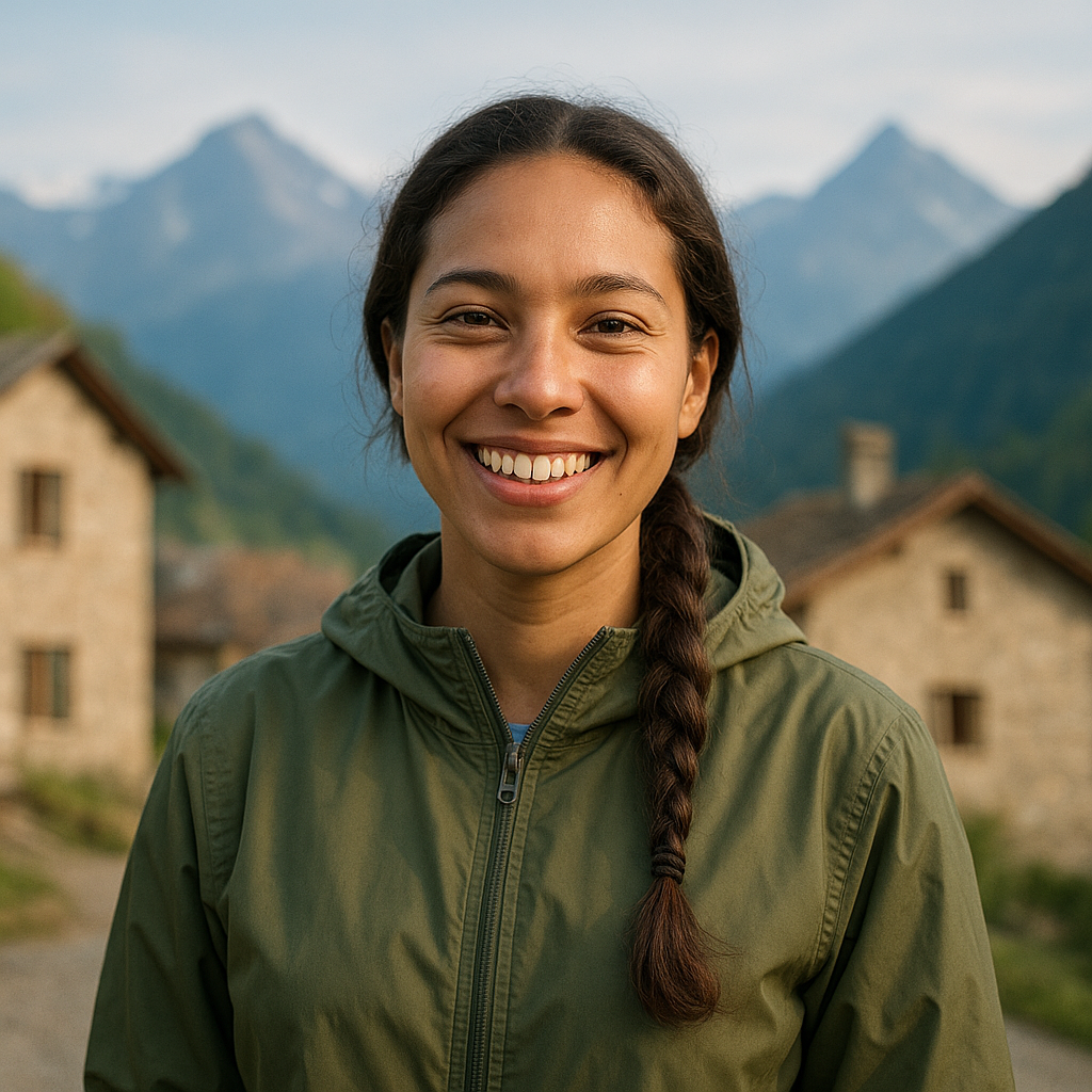 Portrait of a cheerful female local experience coordinator in an olive windbreaker with braided hair, standing near a mountain village