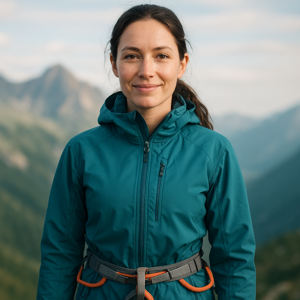 Portrait of a confident female mountain guide with a teal technical jacket and climbing harness, standing outdoors with soft mountain background