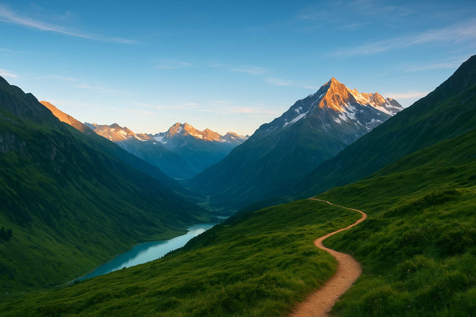 Dramatic alpine landscape with blue-green valleys, snowy peaks, and a winding trail at sunrise