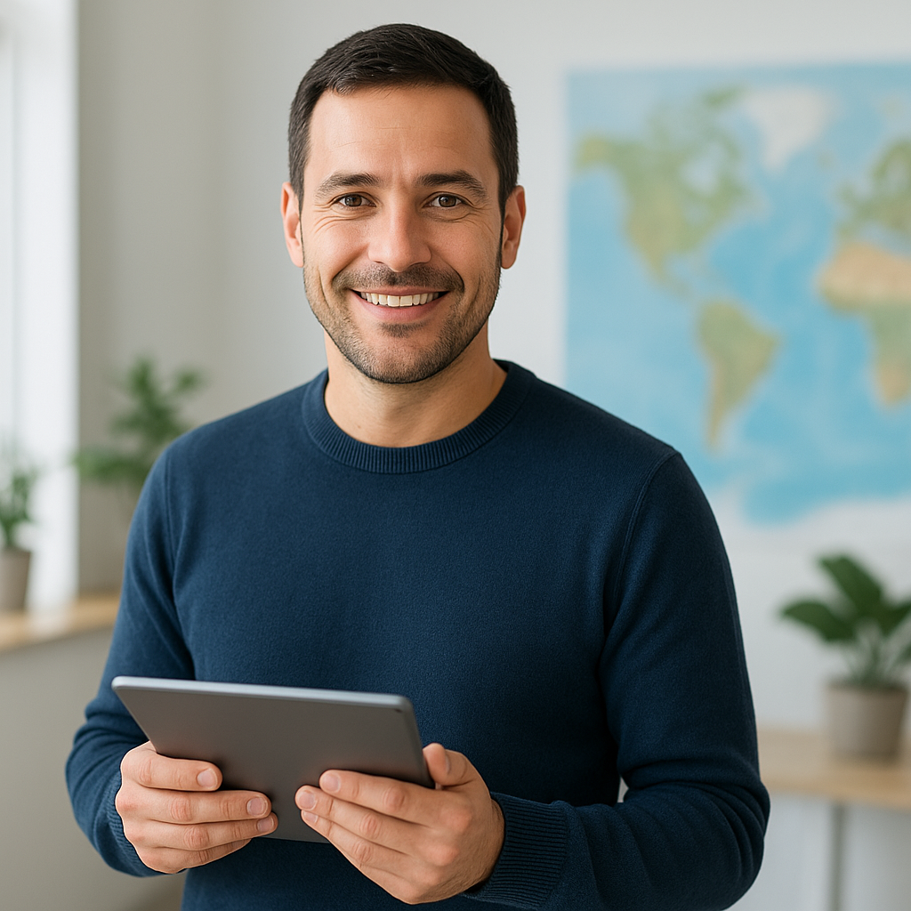 Portrait of a friendly male travel planner wearing a navy pullover and holding a tablet, with a softly lit office background