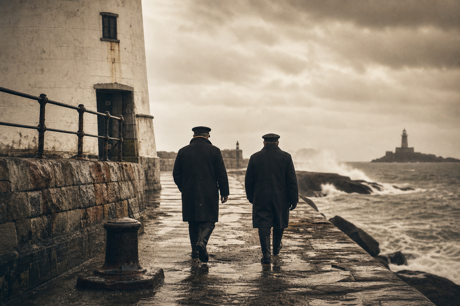 Wide archival shoreline photograph of keepers walking a stone jetty under low cloud near the lighthouse base
