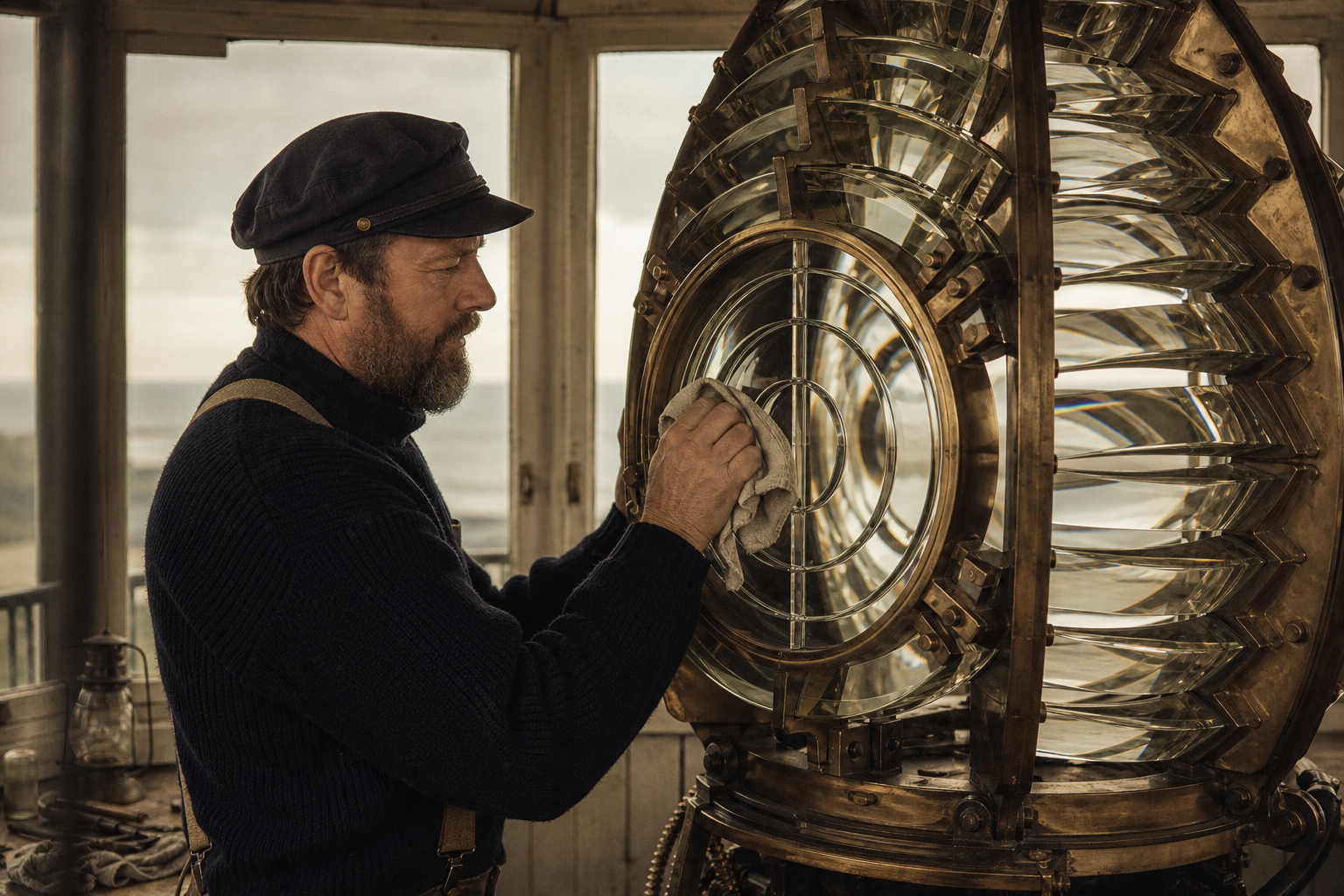 Archive image of a keeper inside a lantern room polishing a Fresnel lens with morning haze outside