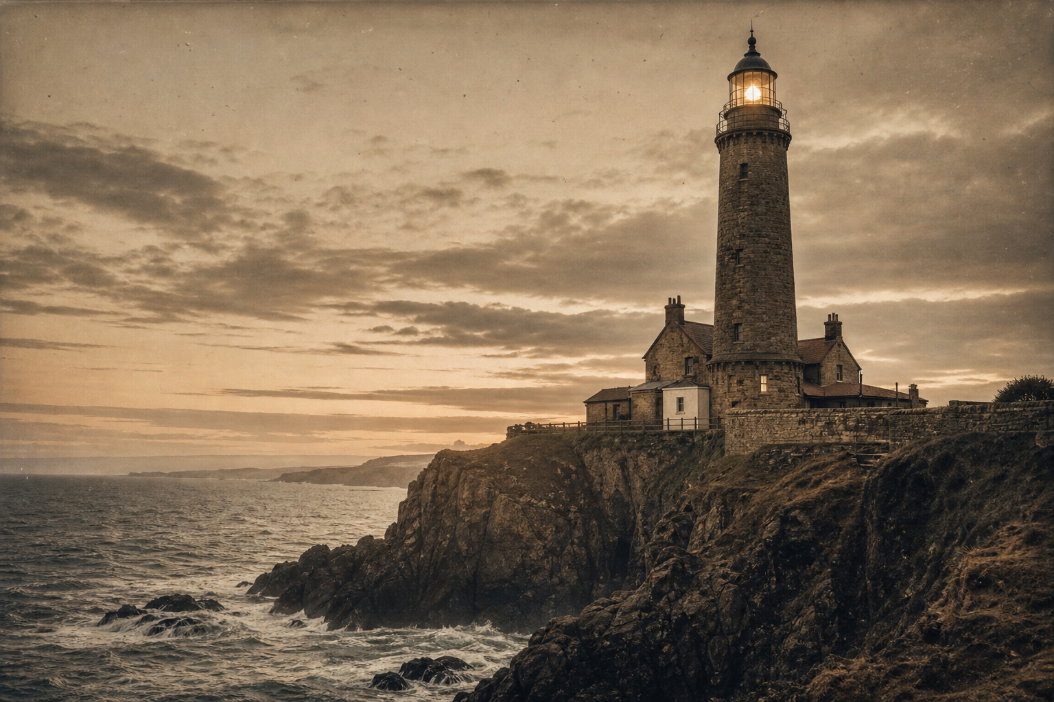 Large archival photograph of a cliffside lighthouse at dusk with a glowing beacon over the northern sea