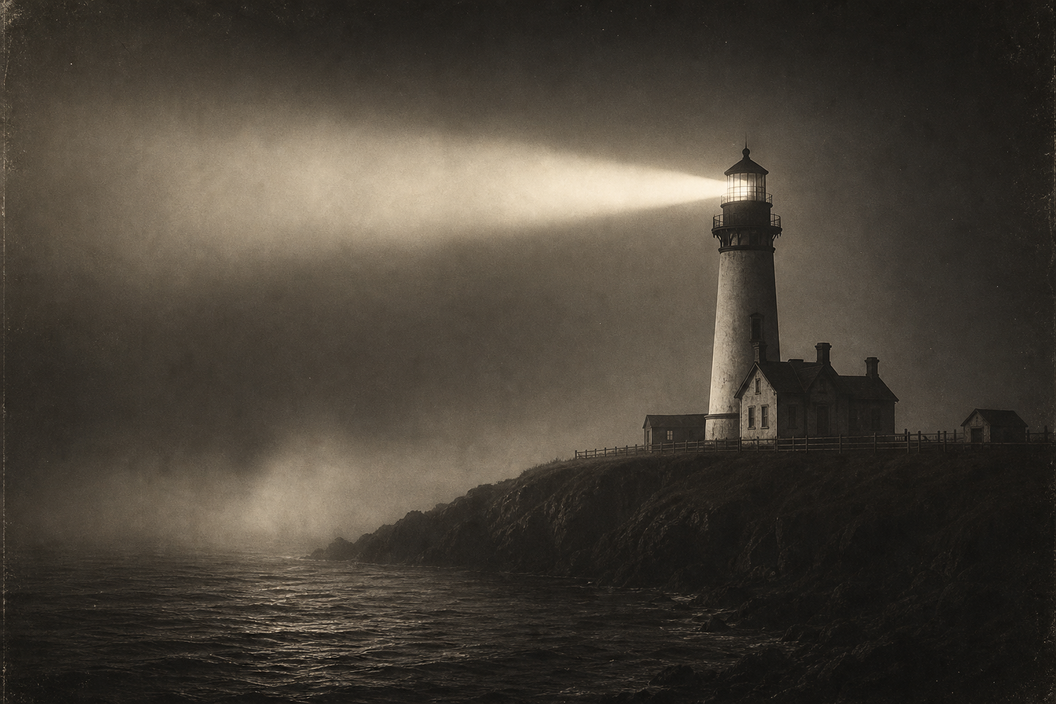 Night archival image of a lighthouse signal beam crossing fog with dark sea in the foreground