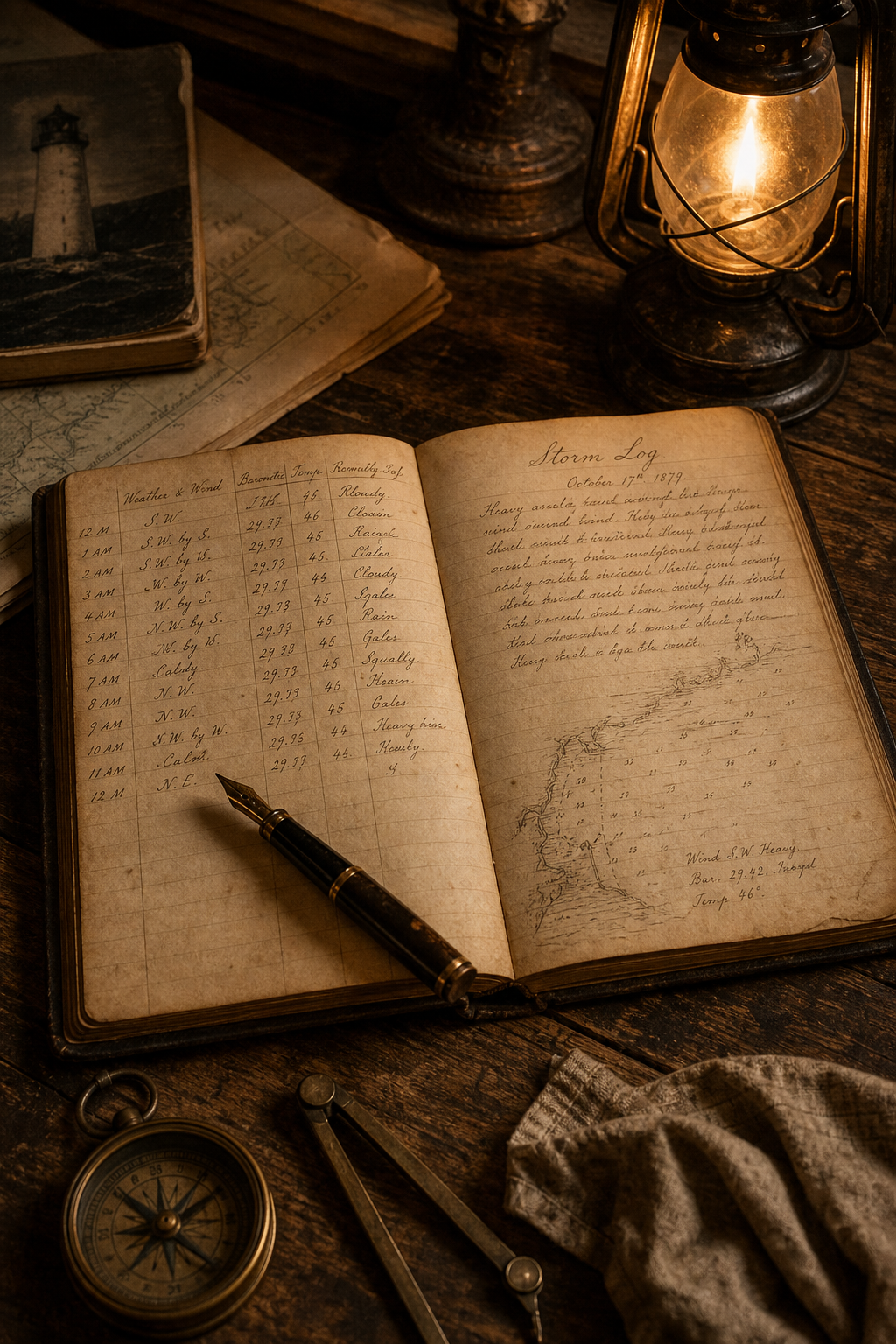 Portrait-format photo of a handwritten storm ledger on a wooden chart table beside a kerosene lamp