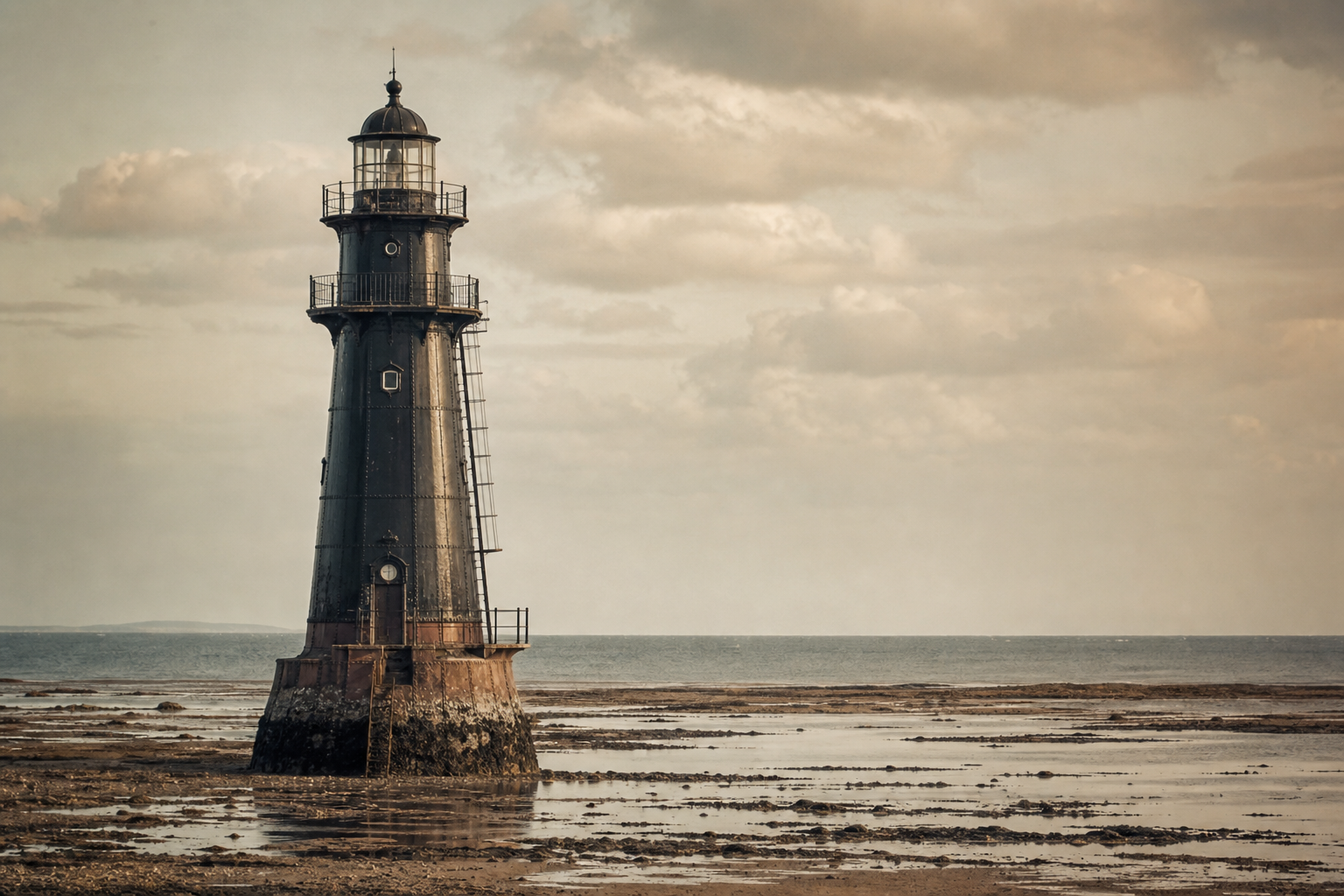 Brindle Reef Lighthouse rising above low tide flats