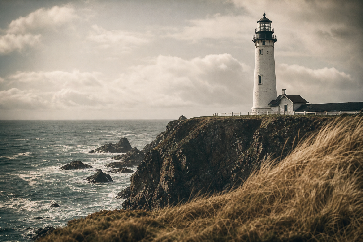 Tall white lighthouse standing on rugged cliffs above dark northern waters