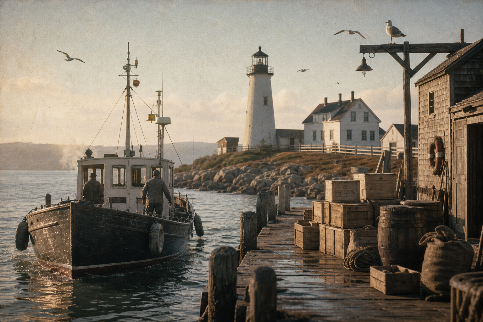 Early morning dock scene with supply crates and a lighthouse tender approaching