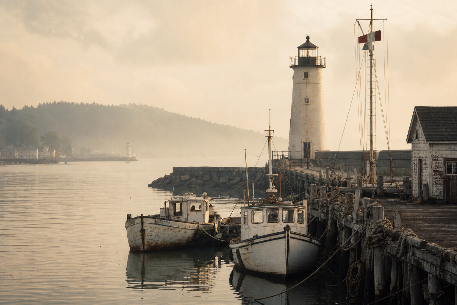 Historic harbor approach with signal mast, lighthouse, and moored fishing boats