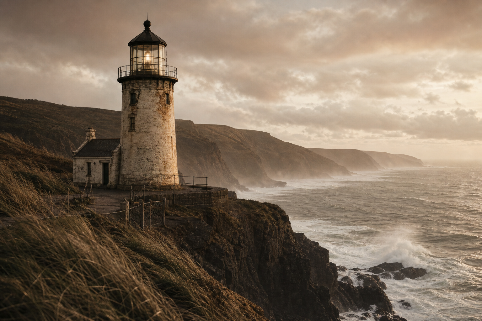 Weathered stone lighthouse on the northern coast above windswept sea cliffs at dusk