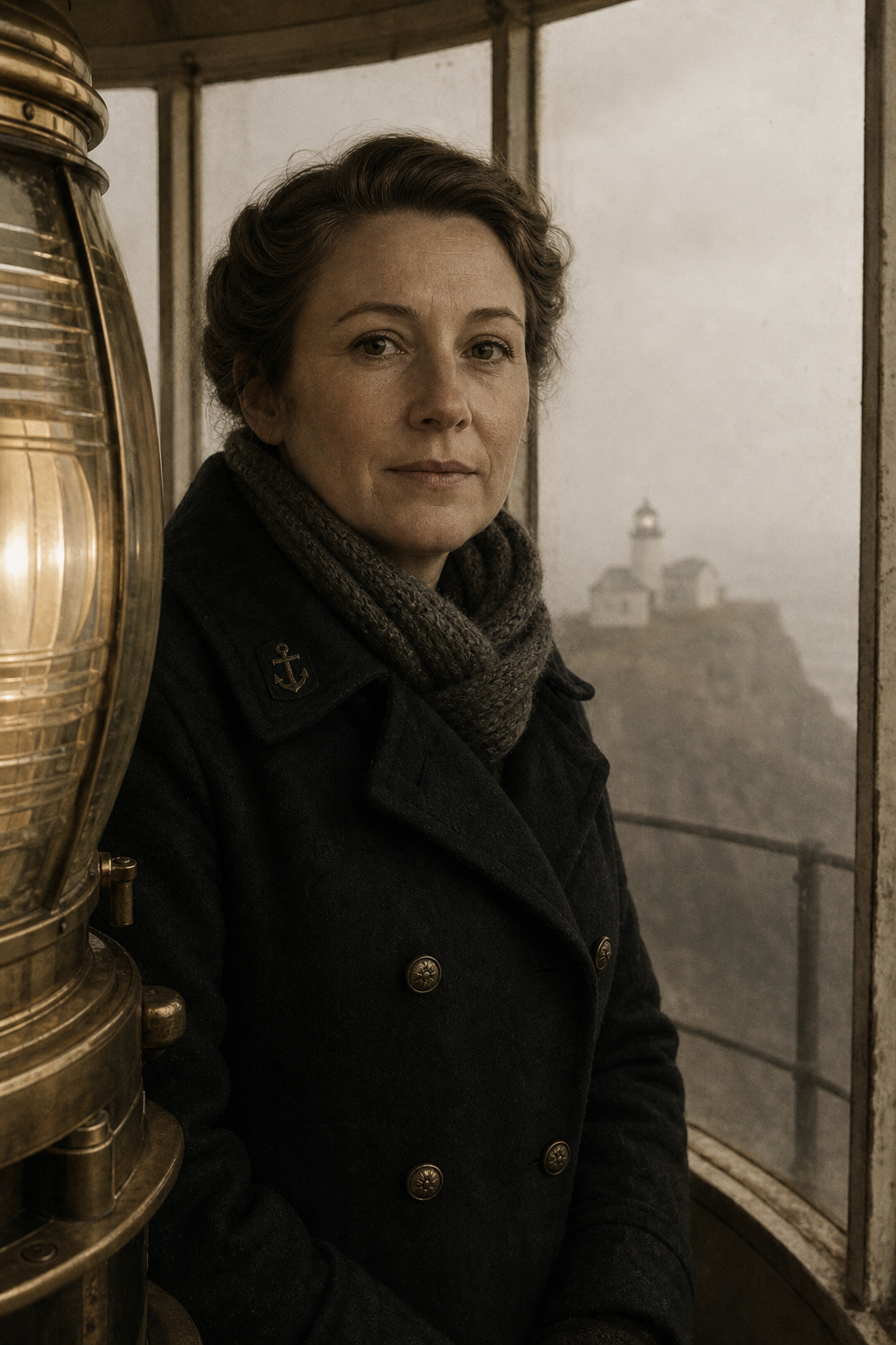 Portrait of Elsa Marsh in a wool lighthouse coat beside a lantern room window