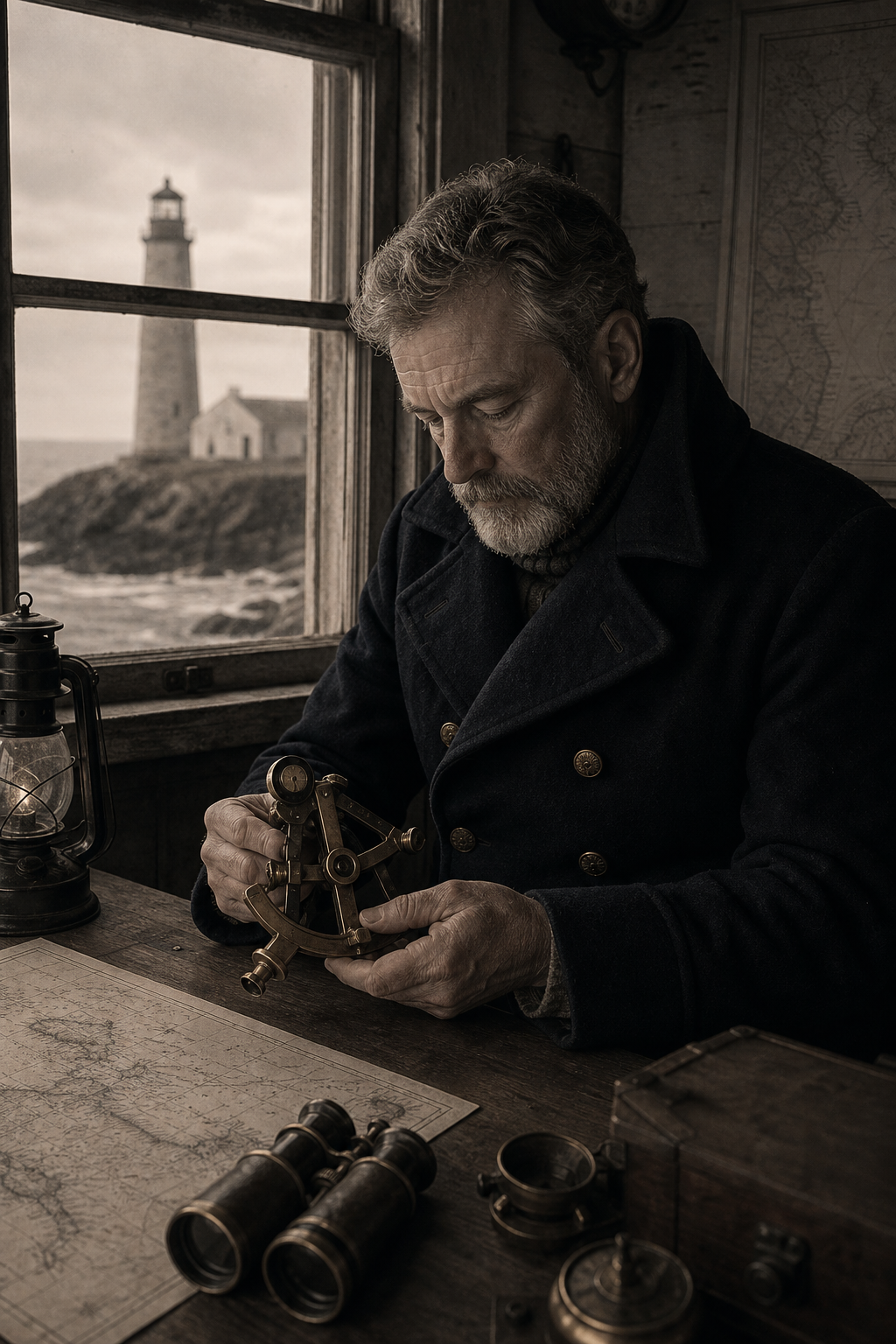 Atmospheric portrait of Jonah Reed checking brass instruments in a dim keeper office