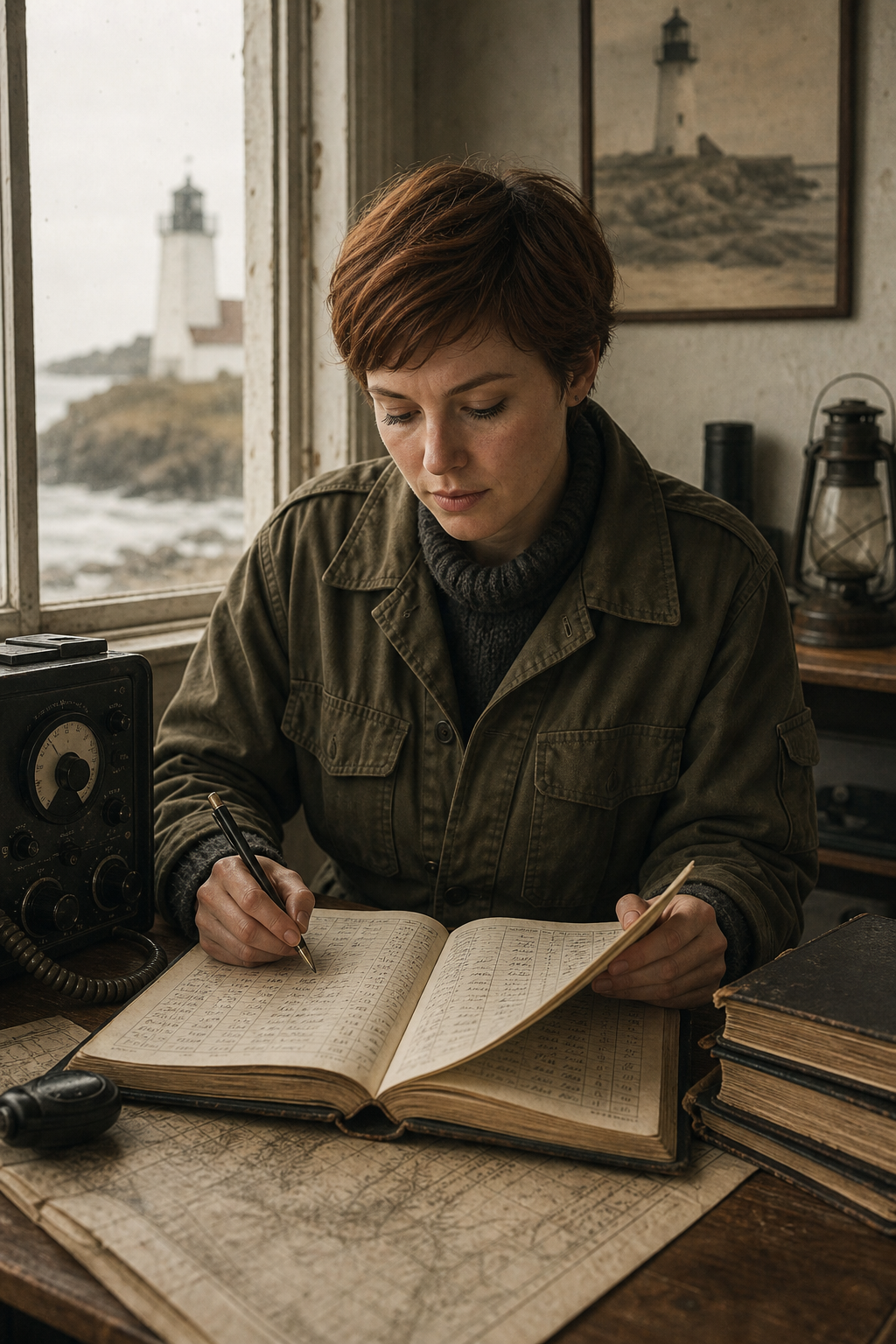 Portrait of Mira Halden cataloging weather logs near a shoreline radio desk