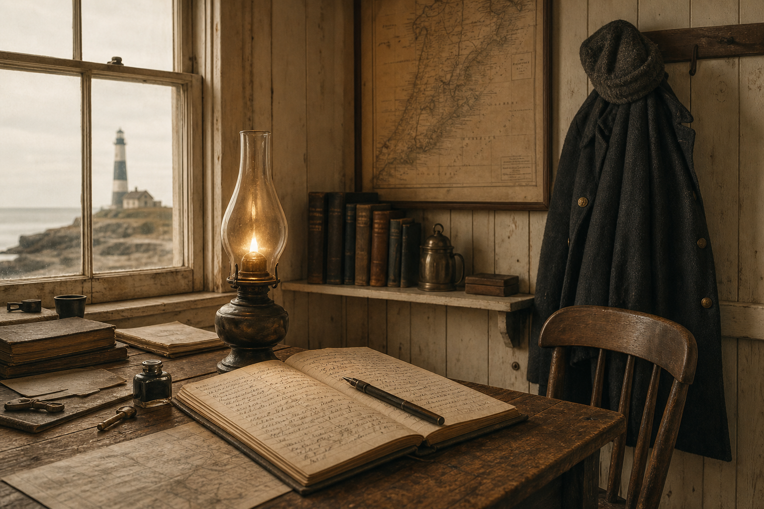 Warm lamplit keeper room with logbook, oil lamp, and weathered wood walls