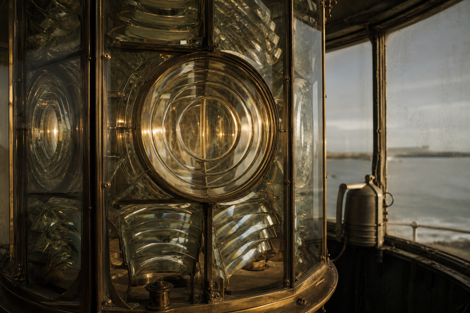 Close-up of a polished Fresnel lens with brass framing inside a lantern room
