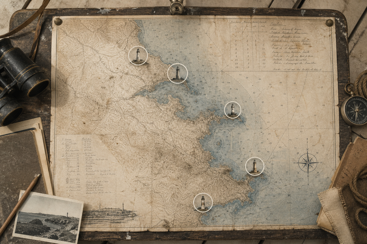 Archival-style coastal survey map showing preserved lighthouse tower points along the northern coast