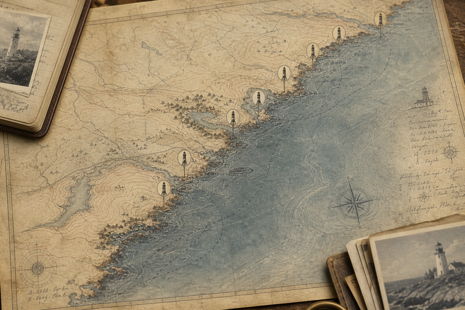 Stylized archival map insert of the northern coast with preserved lighthouse markers and shoreline notes
