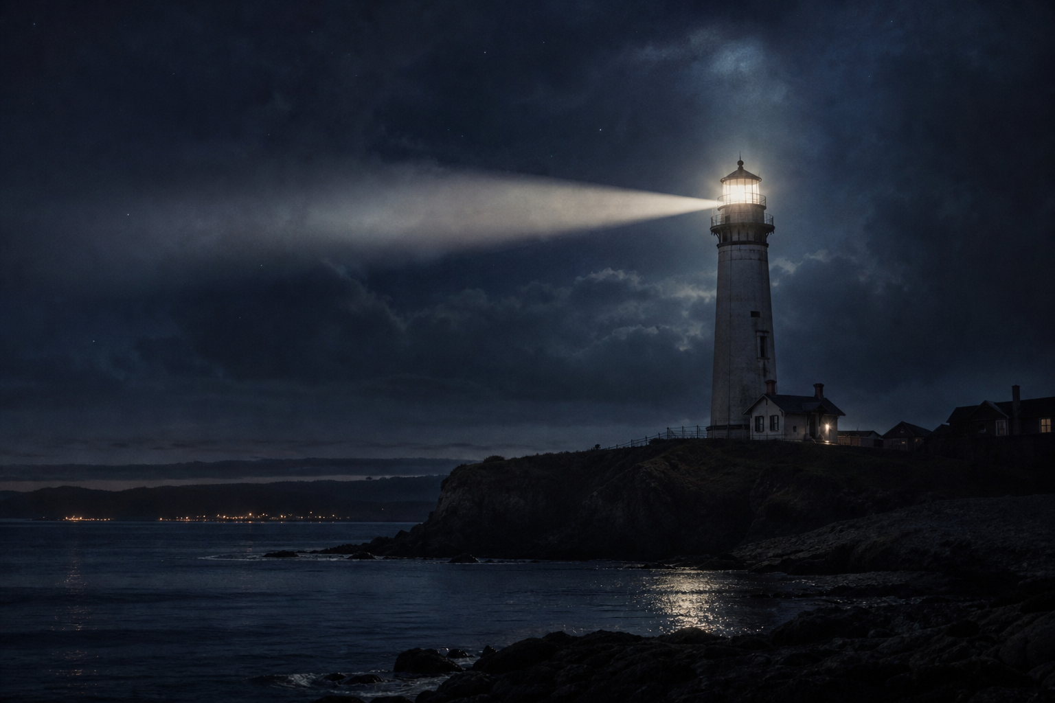 Night coastline with rotating lighthouse beam sweeping across low clouds