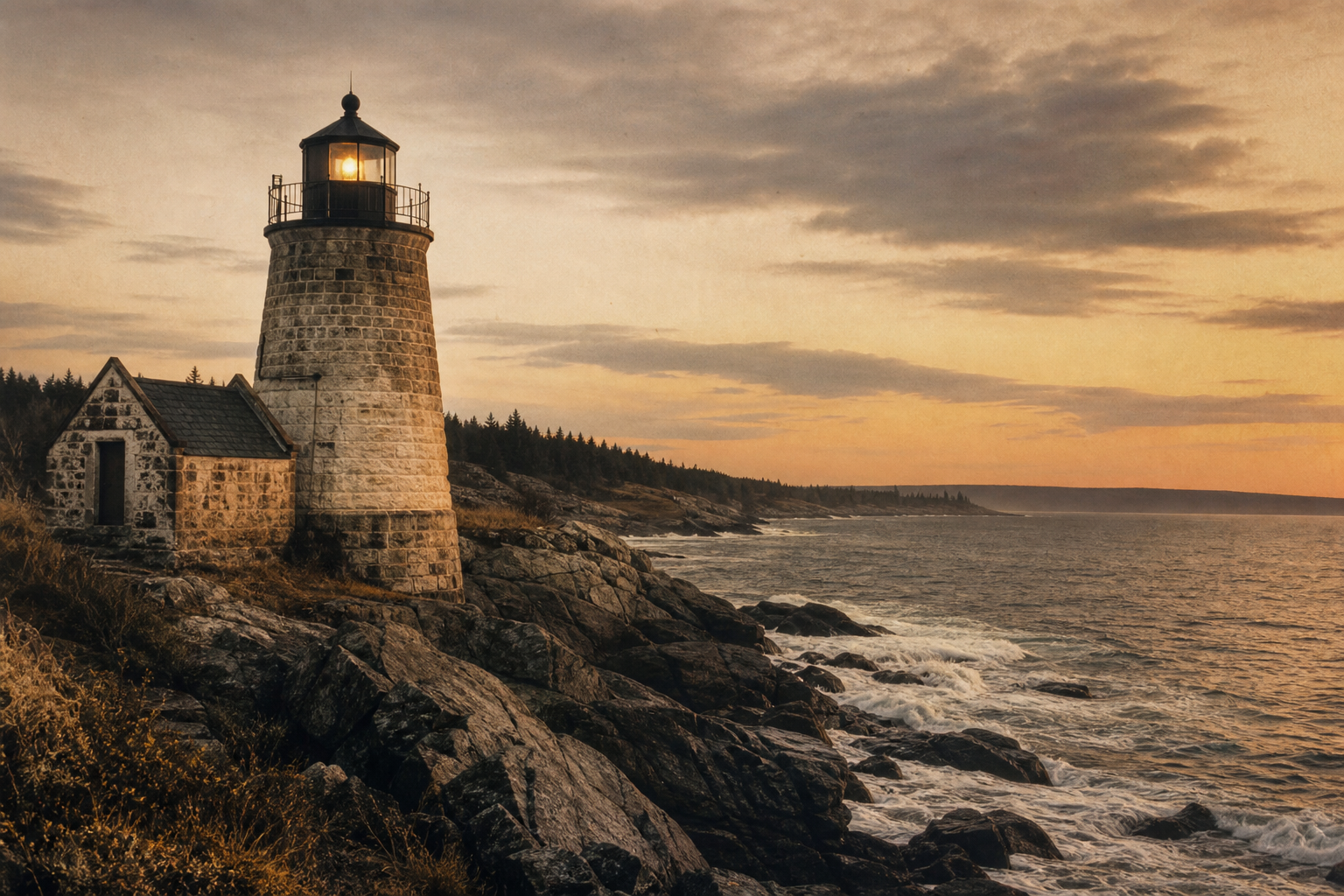 Northwatch Point Lighthouse on a rocky shoreline at dusk