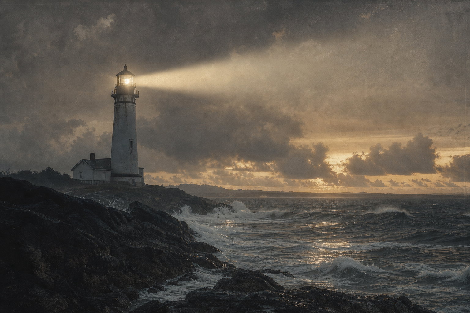 Stormy northern shoreline with a lighthouse beacon cutting through sea mist