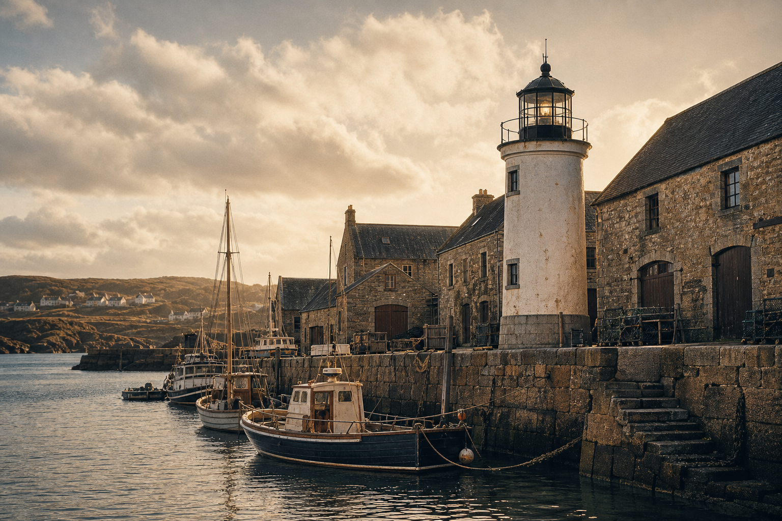 Stormglass Harbor Light beside historic stone warehouses
