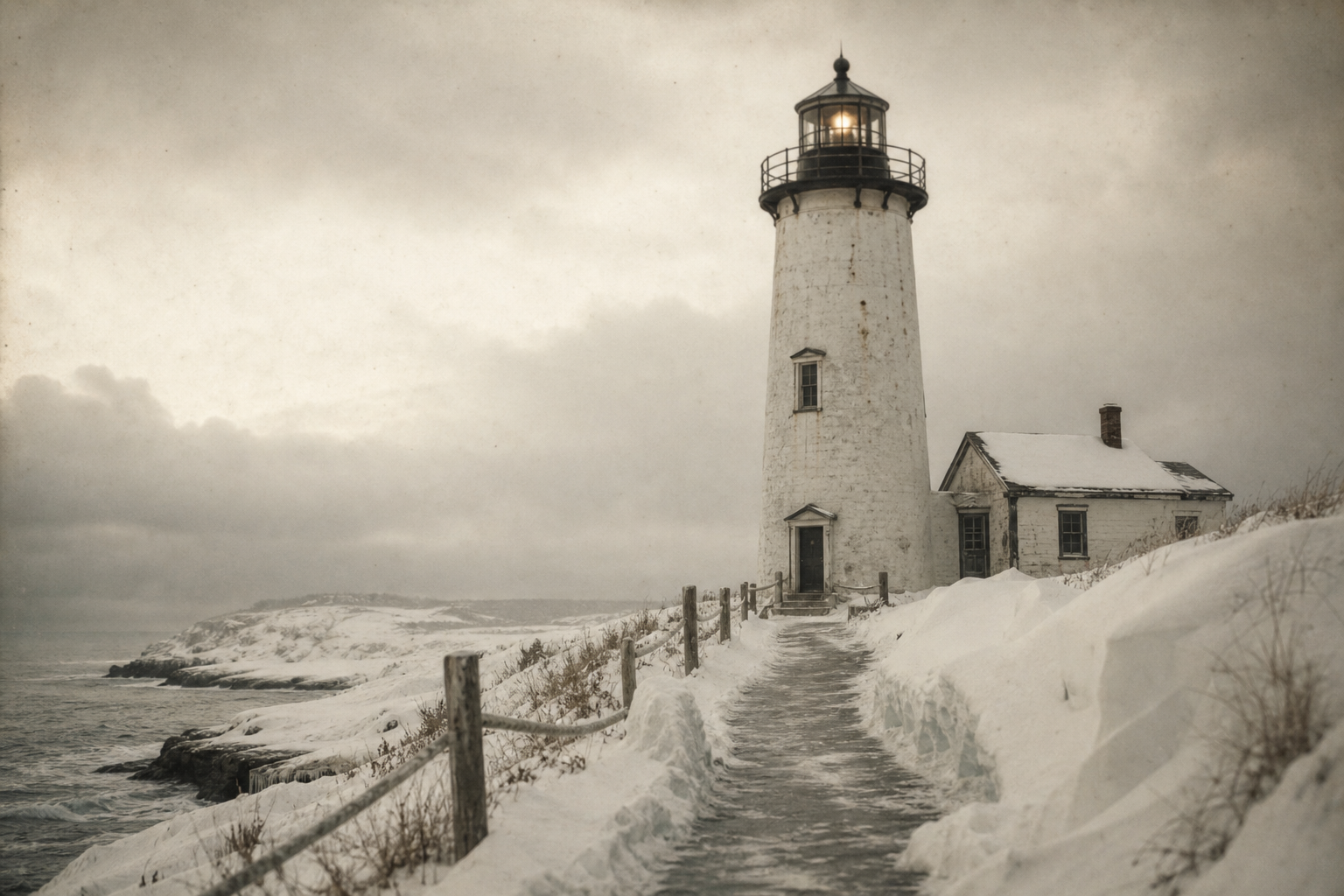 Snow-covered stone lighthouse on a cold coast under pale winter light