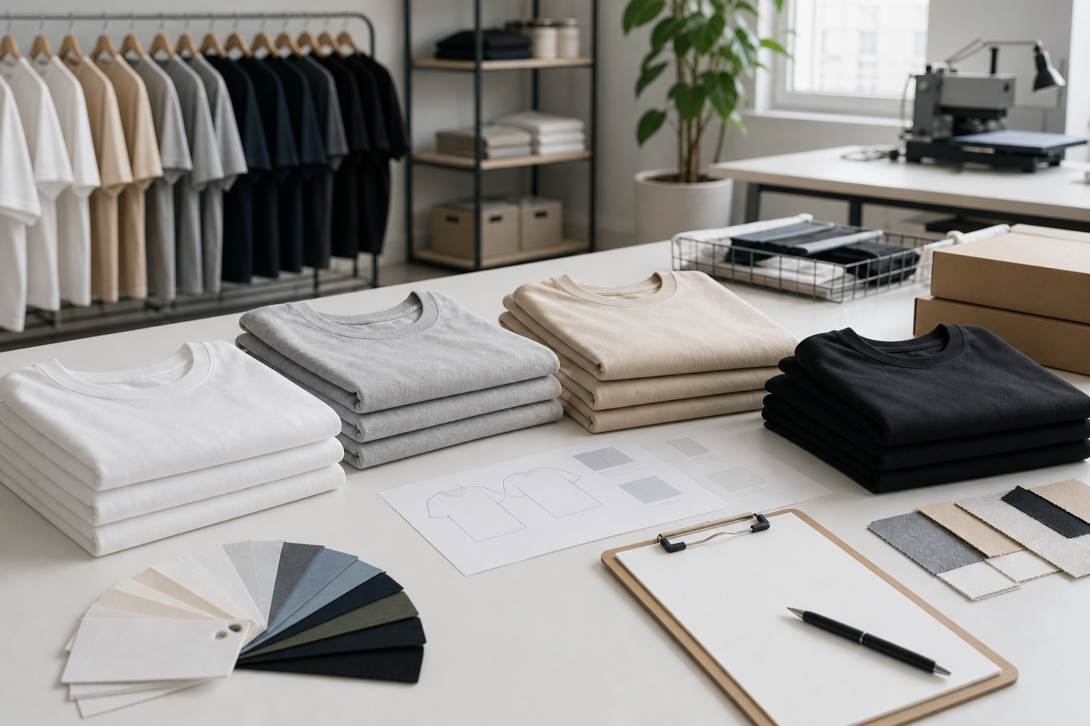 Neatly organized T-shirt workspace with folded blank apparel, color swatches, and print planning sheets on a clean production table