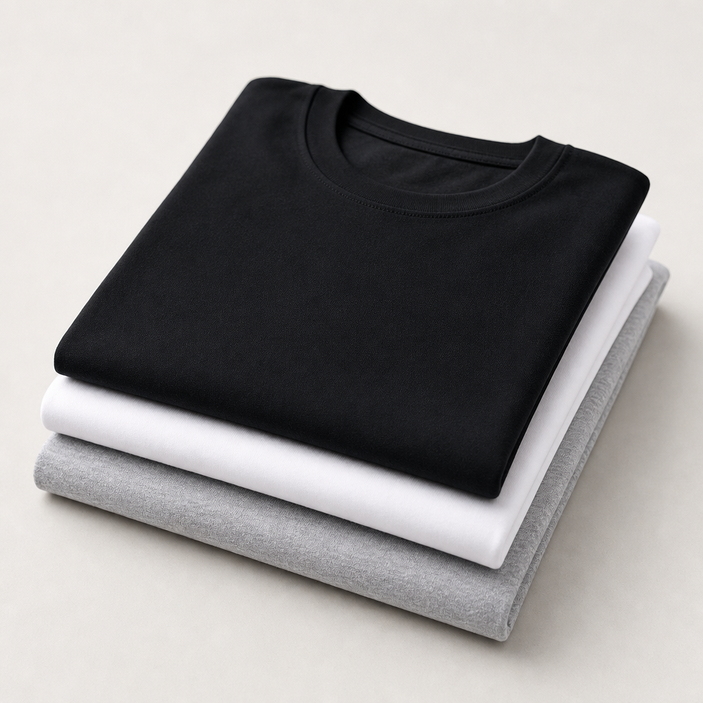 Stack of classic crew neck cotton T-shirts in black white and heather gray on a clean studio surface