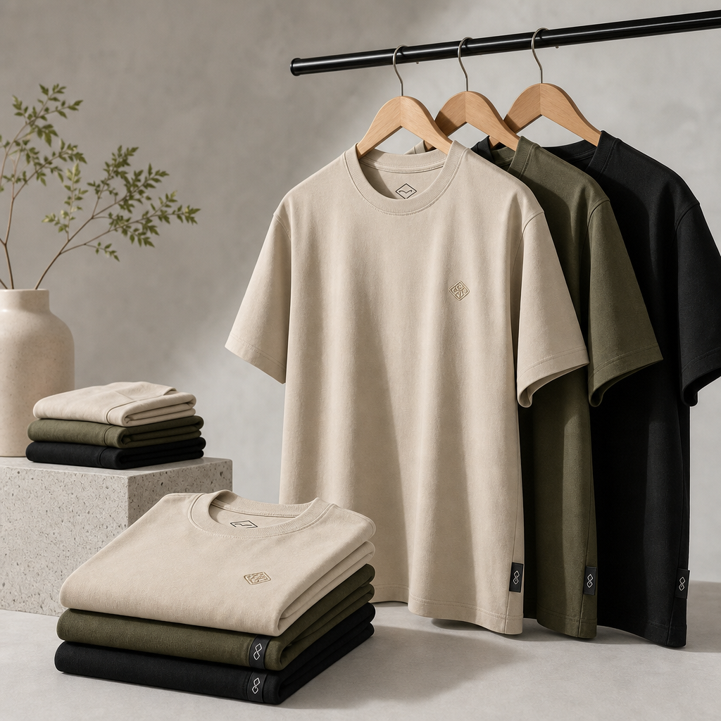 Premium custom branded T-shirt set featuring embroidered chest marks neck print and coordinated brand trims