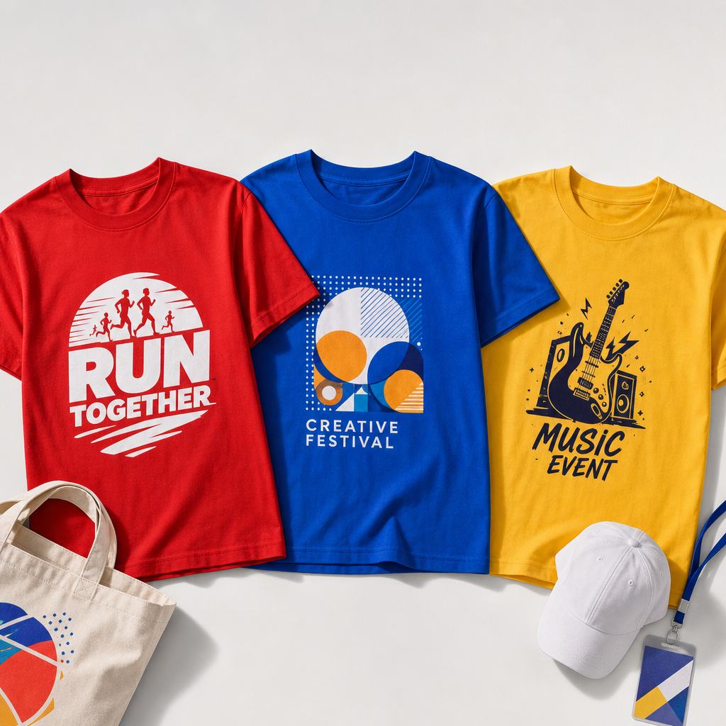 Brightly colored event merchandise T-shirts with bold front graphics arranged for campaign presentation
