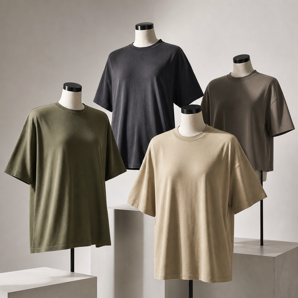 Contemporary oversized and boxy fit T-shirts in muted earth tones styled on minimal mannequins