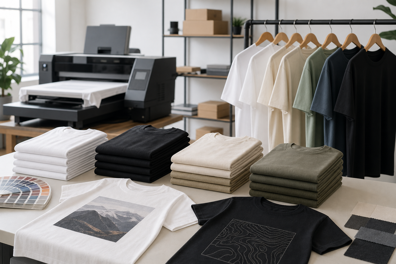 Premium blank and printed T-shirts arranged in a clean apparel production studio setting with folded stacks, hangers, and quality-focused presentation
