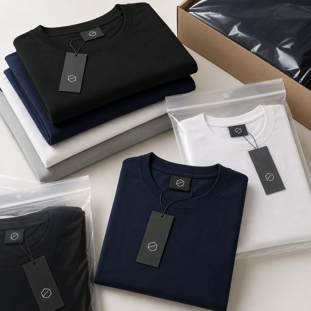 Folded custom-branded T-shirts with woven neck labels and hangtags prepared for export packaging