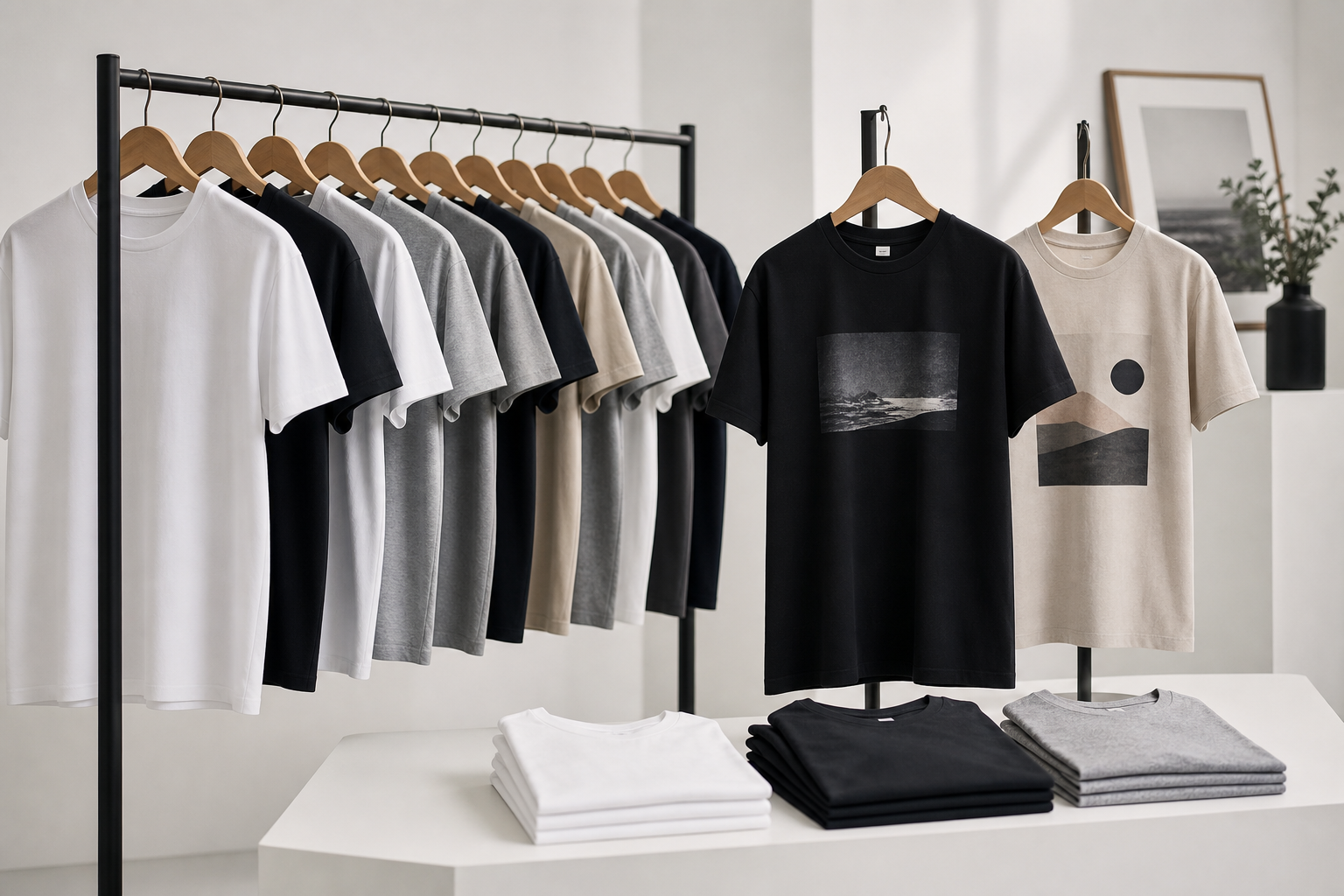 Editorial lineup of blank and printed T-shirts in neutral tones arranged on minimalist studio racks