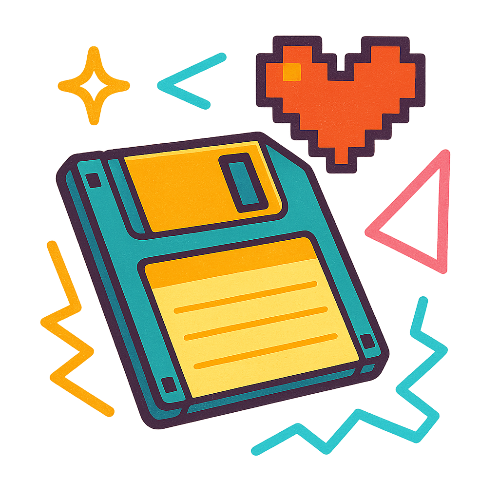 Retro tech illustration: floppy disk, pixel heart, and neon shapes