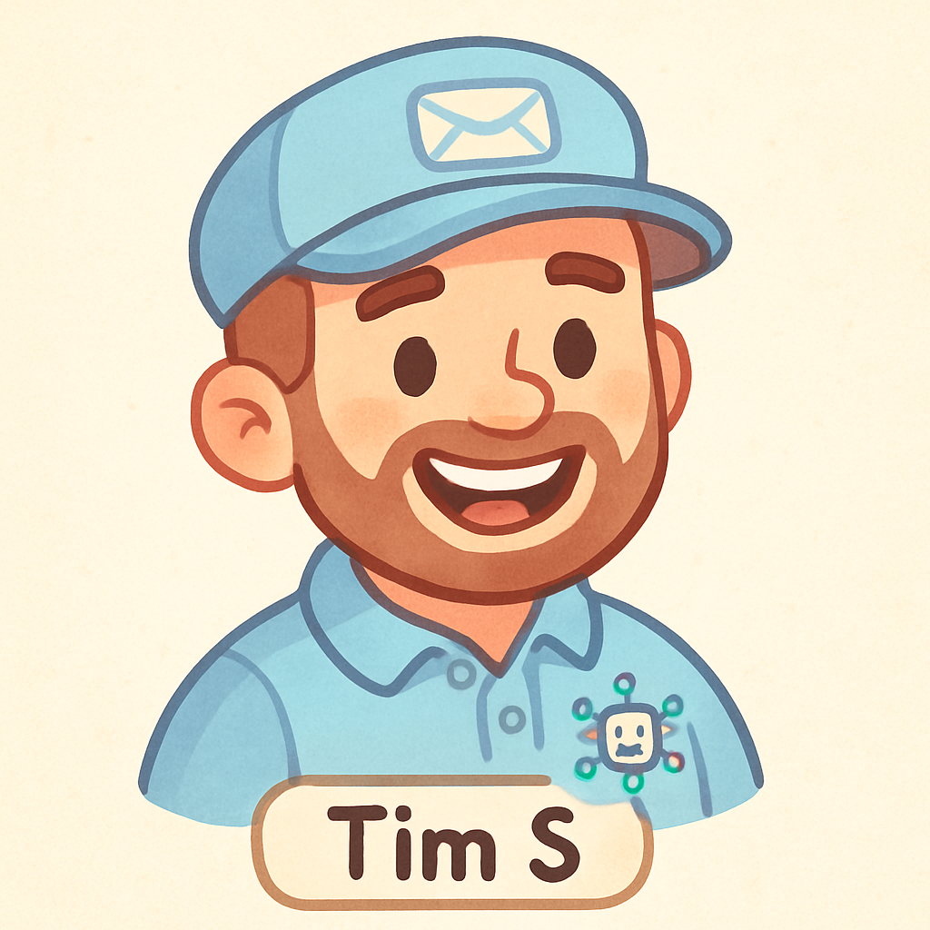 Cartoon avatar of Tim S, cheerful man with a mail cap