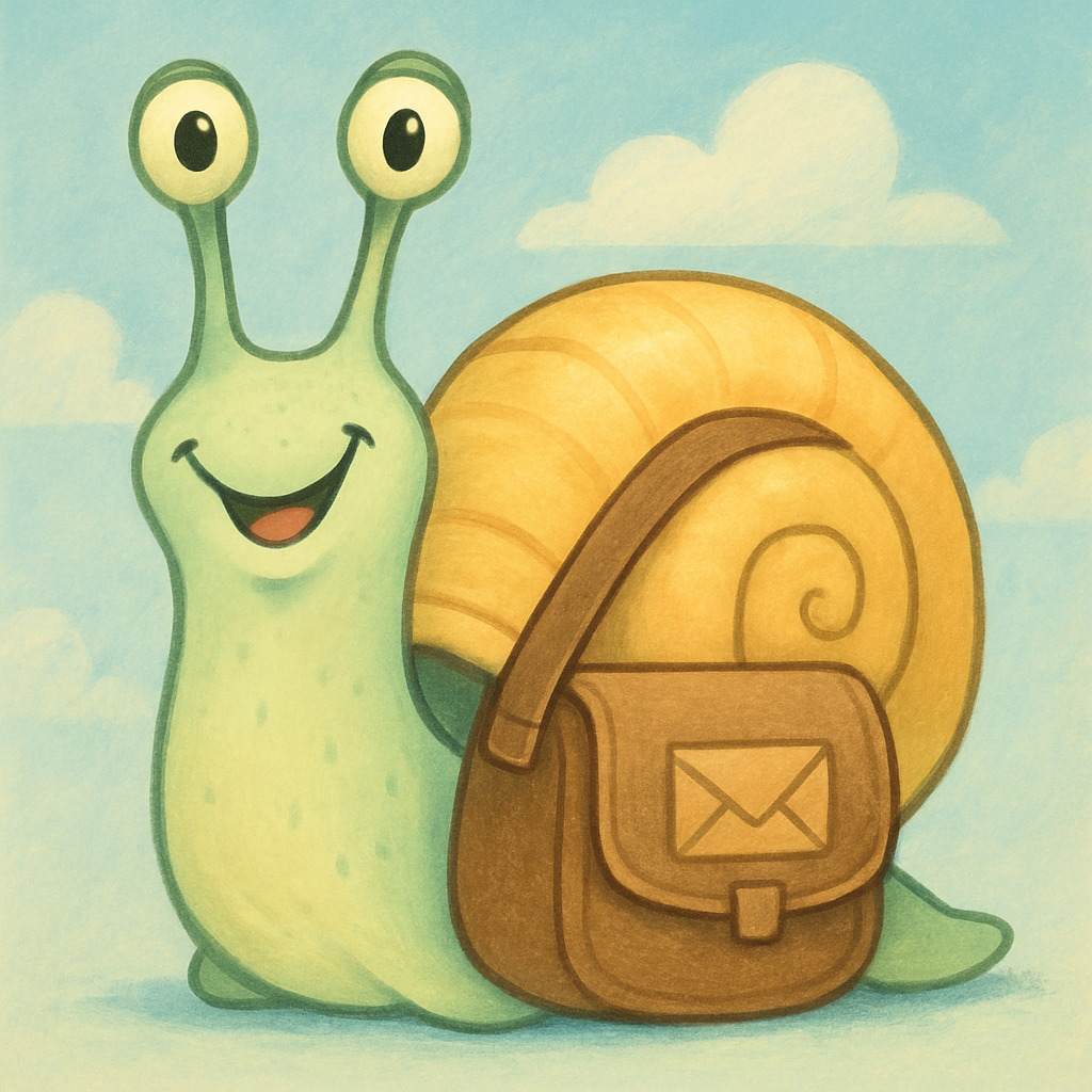 Cartoon snail with a mailbag, smiling and facing forward, in pastel green and yellow hues with a soft blue sky background