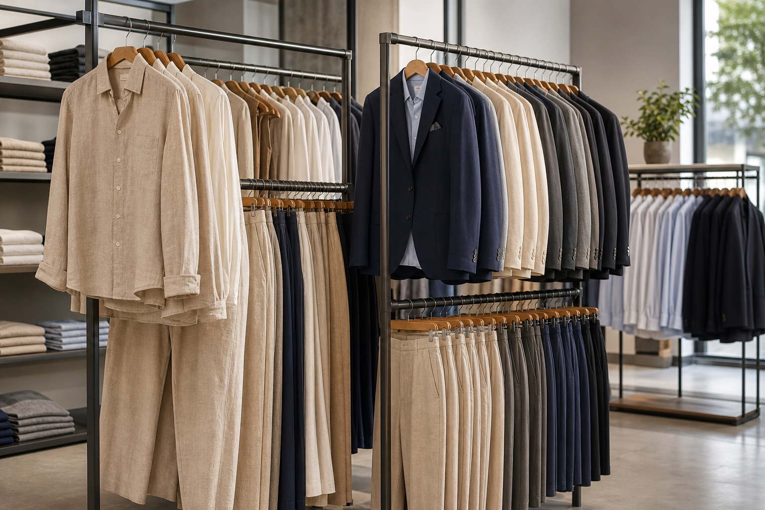 Neatly arranged women and men apparel categories on retail-style racks