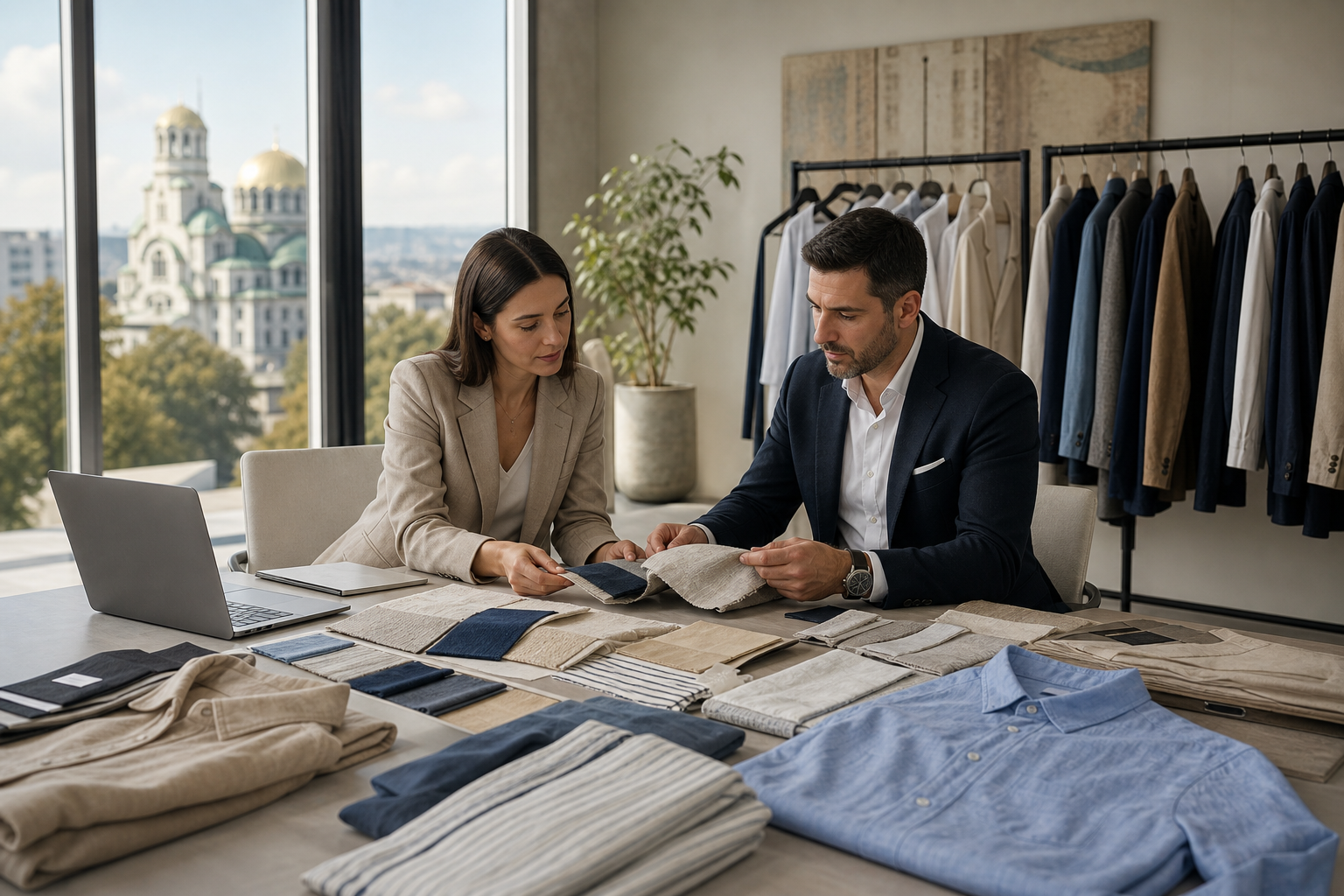 Professional apparel sourcing meeting with garment samples in a modern showroom
